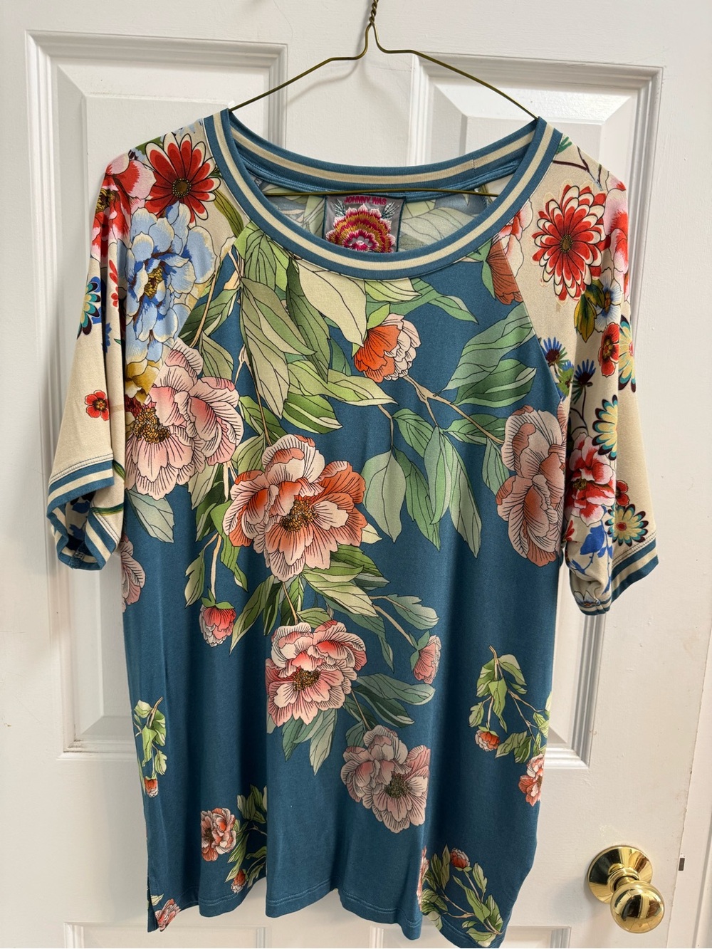 Johnny Was Gorgeous Teal and Cream  Floral Short Sleeve Top.